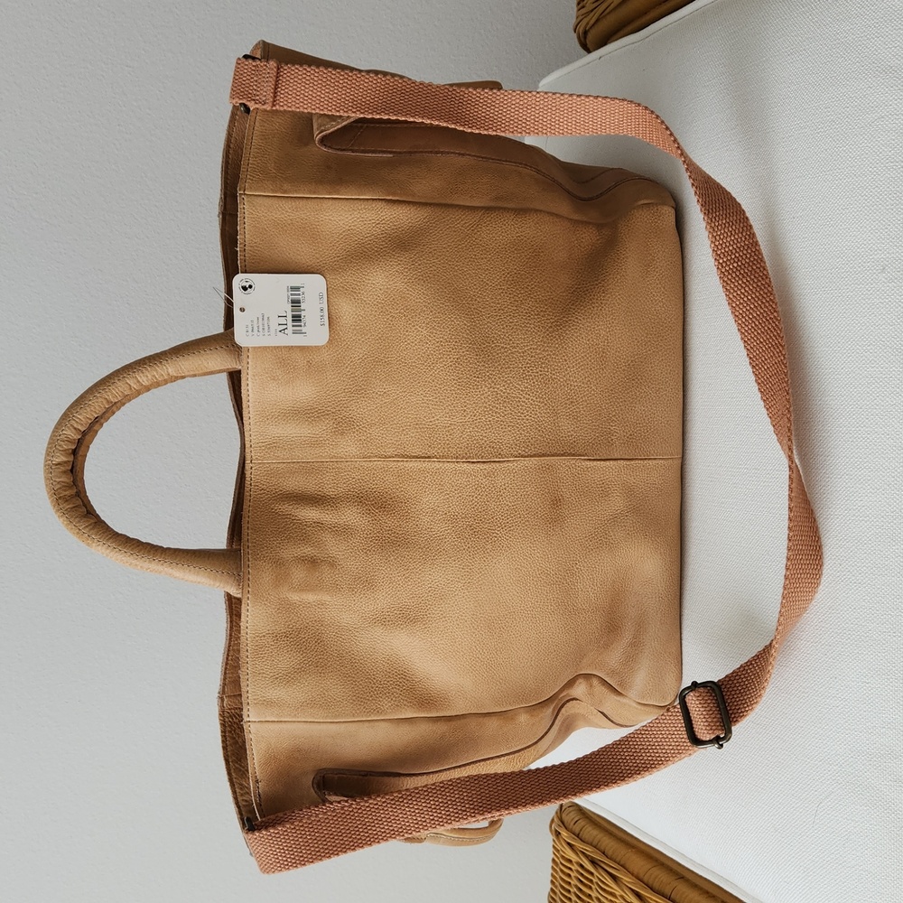 Free People Tan Leather Tote with Coral Strap